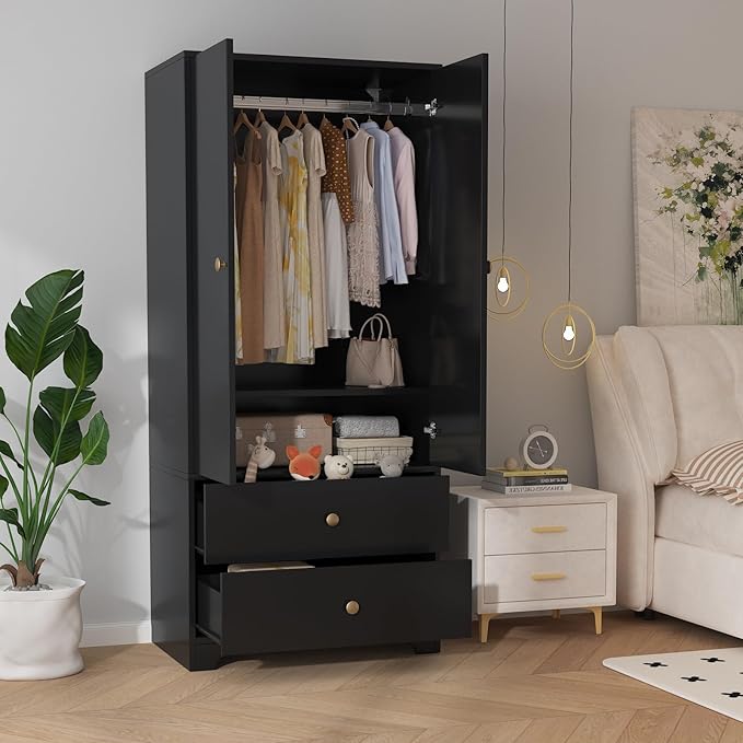 TROPOW Wood Armoire Wardrobe Closet, 71" Wood Clothing Storage Cabinets with 2 Doors, 1 Adjustable Shelf and 2 Drawers, Wardrobe Cabinet with Hanging Rod for Bedroom, Gym, Cloak Room, Black