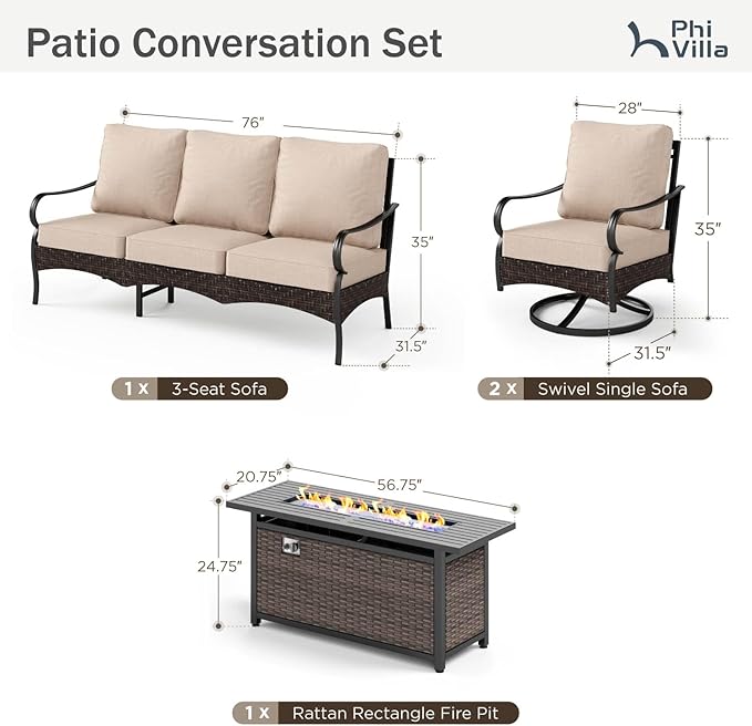 PHI VILLA 4-Piece Patio Sofa with 56" Fire Pit Table, Premium Wicker Metal Frame with Upgraded Waterproof Thick Cushions for Porch, Poolside, Deck, Beige