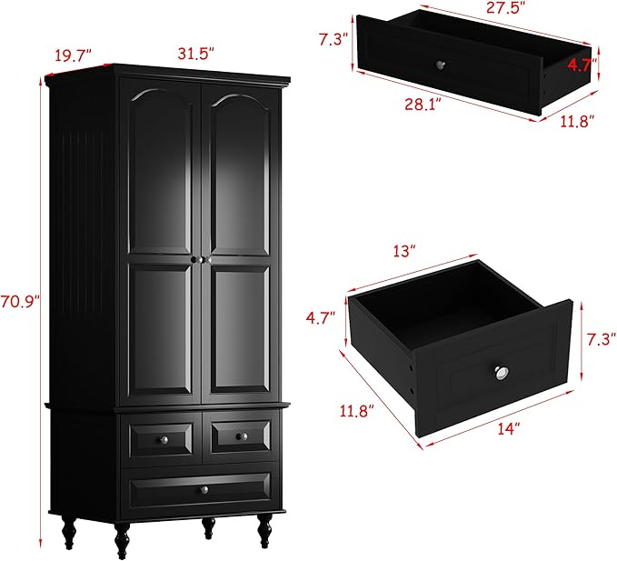 MOUMON 2 Door Armoire Wardrobe Closet with 3 Drawers, Vintage Wardrobe Cabinet with Hanging Rod, Bedroom Armoire Closet with Shelves, for Bedroom, Black, 19.7”D x 31.5”W x 70.9”H