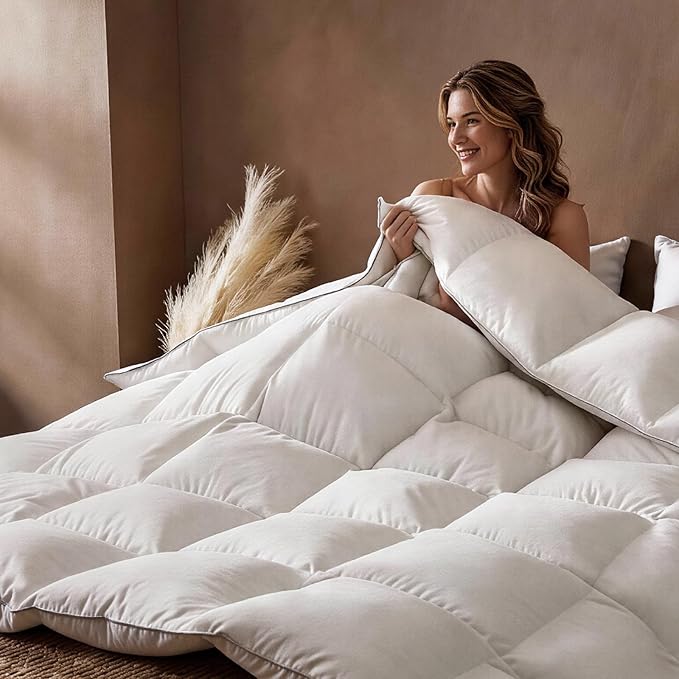 downluxe Feather Down Fiber Comforters King Size Fluffy All Season Duvet Insert Soft Breathable Bedding Comforter with Box Stitch Design & 8 Duvet Loops