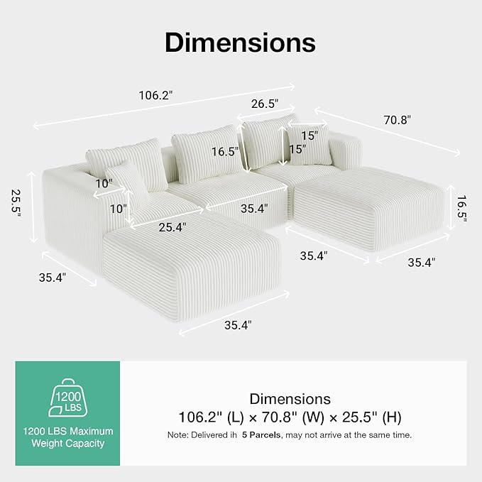 Novilla 106" Modular Sectional Sofa, Modern Cloud Sectional Couch with Smarts Coil® Support, U-Shape Boneless Couch for Living Room Apartments, No Assembly Required, Beige (3 Seat w/ 2 Ottoman)