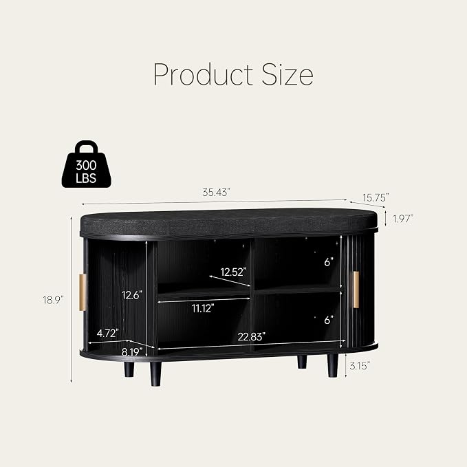 DHH 2-Tier Storage Bench,Wide Shoe Bench with Thickened Padded Seat Cushion, Mid Century Modern Fluted Sliding Door and Adjustable Shelf, for Entryway, Living Room, Bedroom (Black, 35.4“) - Image 2