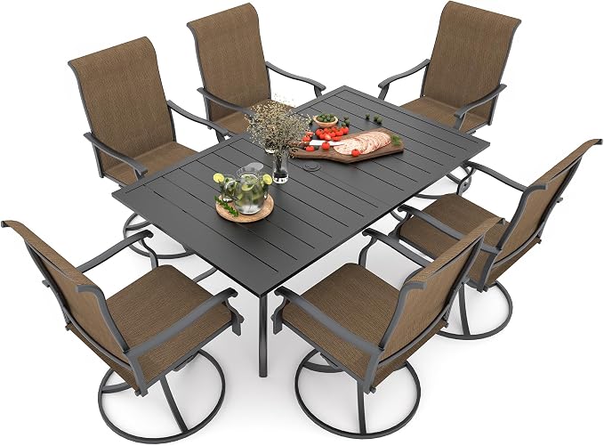Anmutig 7-Piece Outdoor Dining Set, 6 Swivel Chairs＆63‘’ Rectangular Table All Weather Frame Furniture Set - Brown Style1 by Anmutig