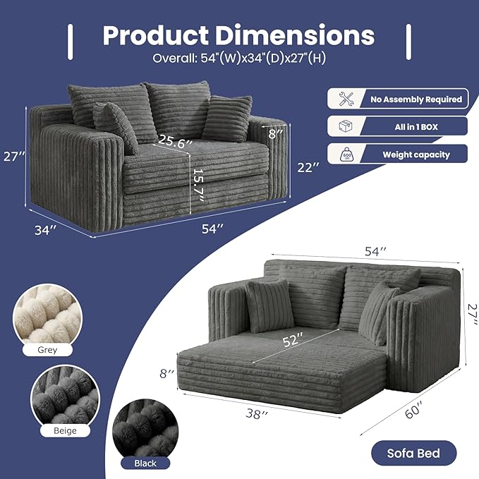 3-in-1 Convertible Sofa Bed: Boneless Loveseat Sleeper & Folding Couch Bed with 4 Pillows & Detachable Cushion, Furry Futon Couch for Bedroom, Apartment, Office and Living Room, No Assembly, Grey
