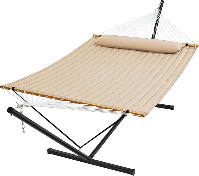 SUPERJARE Hammock with Stand, 2 Person Quilted Outdoor Hammock, Detachable Pillow & Bamboo Spreaders, Portable Hammock with Carrying Bag, Heavy Duty Stand, Perfect for Outside, Patio, Beige by SUPERJARE
