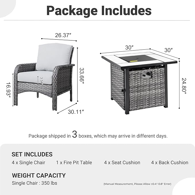 ovios 5-Piece Patio Furniture Set, Outdoor Wicker Sofa with Chairs Fire Pit Table, High Back Rattan Chair with Comfy Cushions for Porch Yard Deck, Grey