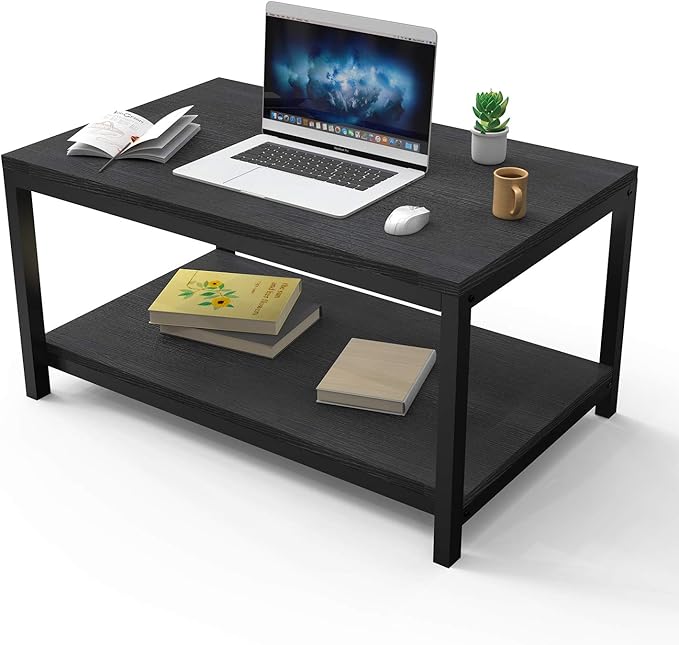 YSSOA 31x20x16 inch Home Table with Storage Shelf for Living Room and Office, Easy Assembly, Black, 2-Tier