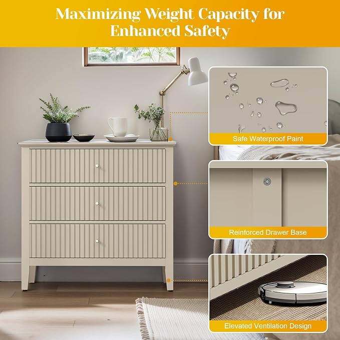 May in Color Large Beige 3 Drawer Dresser, Painted 30 Inch Tall Wood Nightstand with Storage, Wide Modern Chest of Drawers with Ball Bearing Slide for Bedroom Hallway Living Room Entryway Office - Image 6