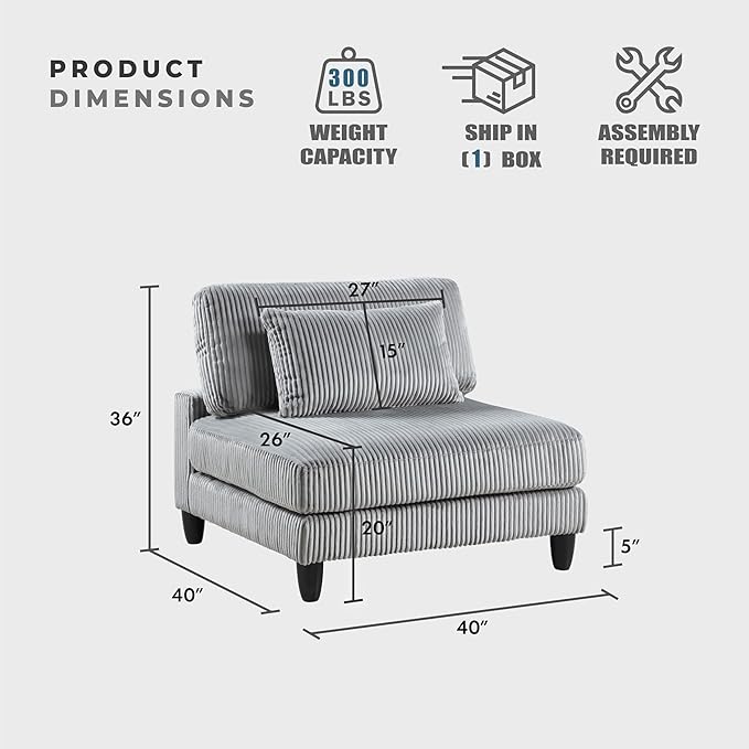 Lexicon Modular Sectional Sofa for Living Room, Corduroy Fabric Upholstery Armless Chair with Pillow, Units of Modular Sectional Couch, Upholstered Chair for Customizable Sectional Sofa Couch, Gray