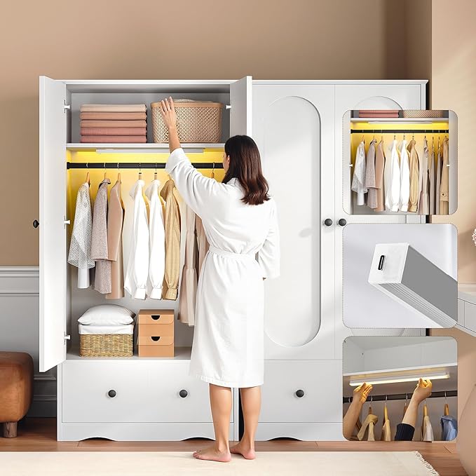 YATINEY Armoire Wardrobe Closet with Light Strip, 70.9" H Wooden Bedroom Armoire with 2 Doors, Drawer and Hanging Rail, Clothing Storage Cabinet for Bedroom, White