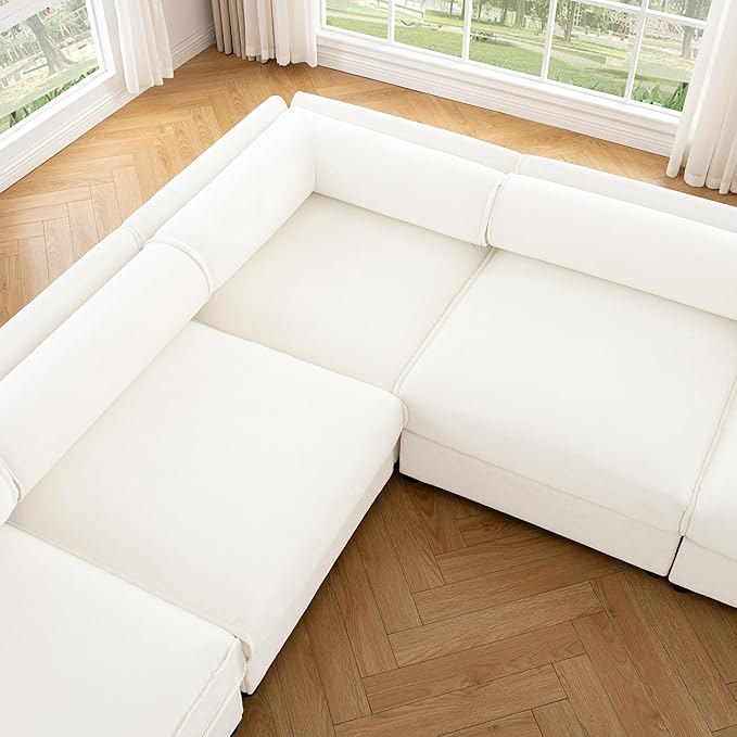 KEIKI 143" Large Modular Chenille Sectional Sofa with Storage Seat, 1 Ottoman, Modern Style 6-Seater Couch with Cylindrical Backrest and 1 Armrests, Easy Assembly, for Apartment, Living Room, White
