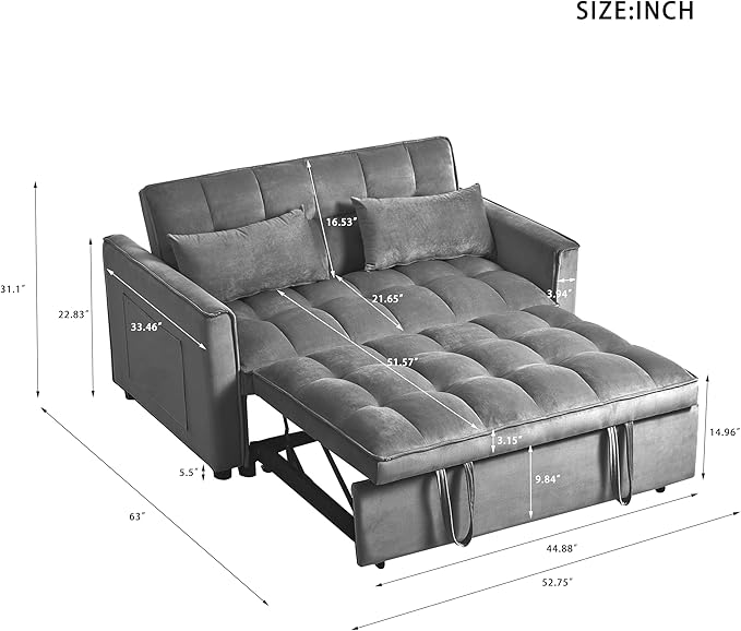 3 in 1 Sofa Bed, Love Seat Sleeper Bed with Side Pockets, Velvet Fabric Pull Out Couch with Adjustable Backrest for Living Room, Bedroom, Apartment, Deep Gray