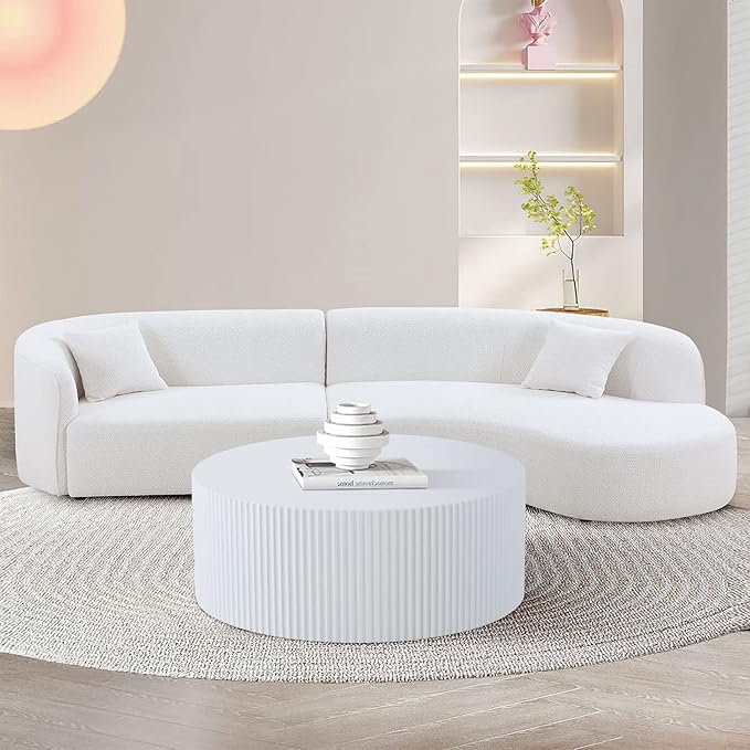 White Round Drum Coffee Table Modern Large Round Coffee Table Wood Side Table for Living Room Office Apartment