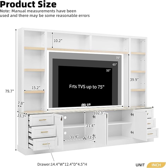 Merax 102.3 Inch Wide Farmhouse Entertainment Center, Rustic TV Stand with 6 Drawers & Adjustable Shelves, Large Media Console for TVs up to 75", Modern Bookshelves Wall Unit, White - Image 6