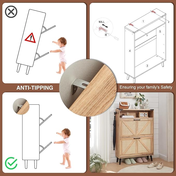 Barnyatoh Shoe Storage Cabinet, Boho Rattan Shoe Organizer with 2 Flip Drawers,Farmhouse Freestanding Hidden Slim Narrow Shoe Rack Cabinet with Open Shelves for Entryway, Foyer,Hallway, Natural - Image 6
