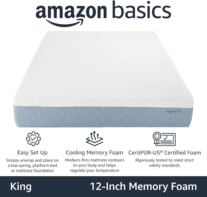 Amazon Basics Cooling Gel Memory Foam Mattress, Medium-Firm, Body Contouring, CertiPUR-US Certified Foam, King Size, 80 x 76 x 12 inches, White/Gray
