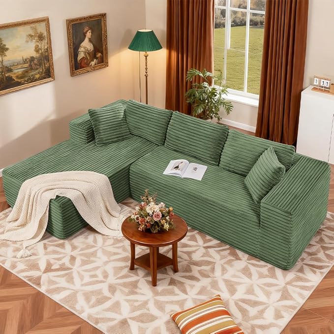 COMHOMA 105”Modular Sectional Sofa with Deep Seat,Cloud Upholstered L-Shape Couch Wide Arms Corduroy Fabric High-Density Foam Chaise Lounge for Living Room No Assembly Required