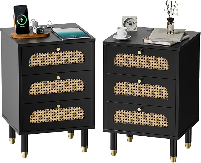 VINGLI Rattan Nightstand with Charging Station, Nightstands Set of 2, 3 Drawer Night Stand for Bedroom, Wood Bed Side Table, Boho Endtable with Drawers, Black - Image 8