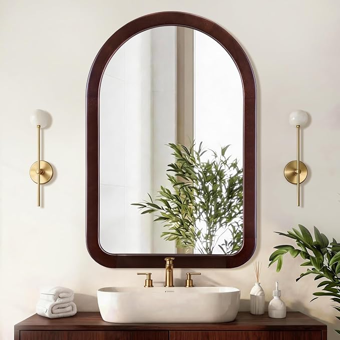Arched Mirror 24 x 36 Inch,Dark Walnut Brown Wood Rustic Bathroom Tempered Wall Mirror with Wood Frame,Round Corner Arch Farmhouse Wooden Vanity Mirror for Living Room,Entryway or Bedroom - Image 2