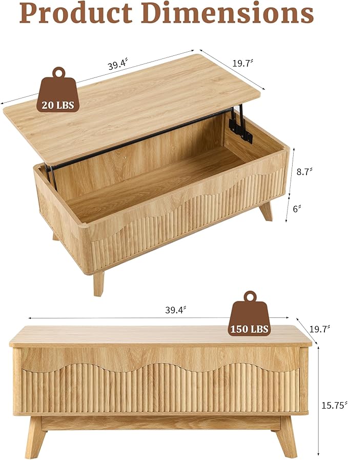 BERRYMERRY Lift Top Coffee Table with Hidden Storage, Farmhouse Fluted Coffee Table with Wave Profile, Rising Top Rectangular Center Table for Living Room (Natural Oak)
