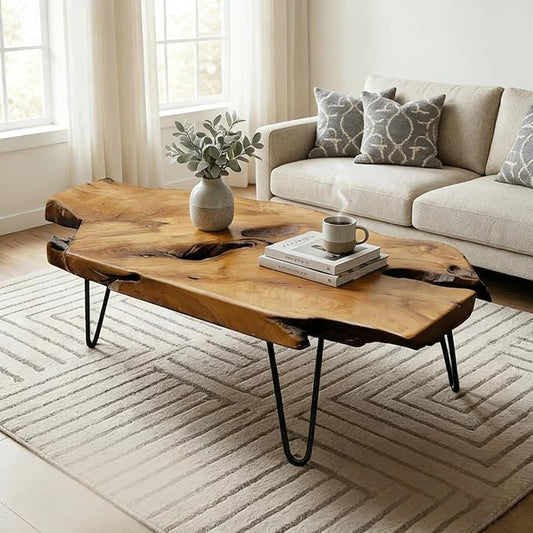 Natural Wood Coffee Table, Live Edge Coffee Table for Living Room, Unique Desktop