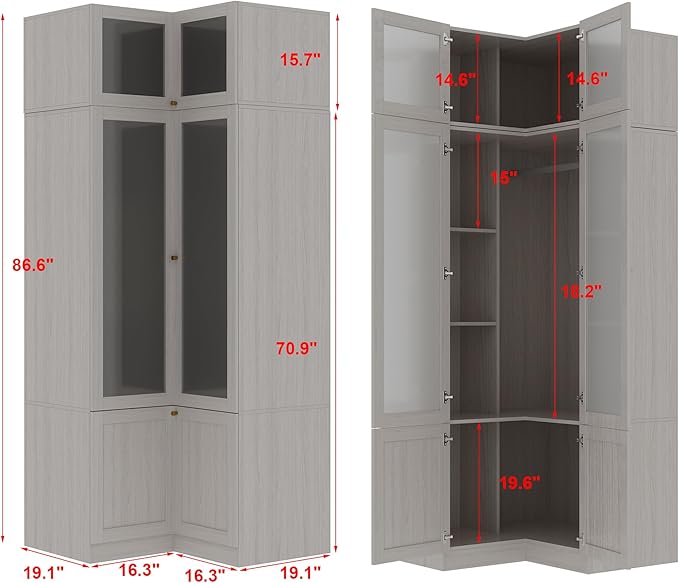 Homsee L-Shape Armoire Wardrobe Closet with Frosted Glass Doors, Hanging Bar & Shelves, Wooden Closet Storage Cabinet with Top Cabinet for Bedroom, Warm Grey (35.4”L x 35.4”W x 86.6”H)