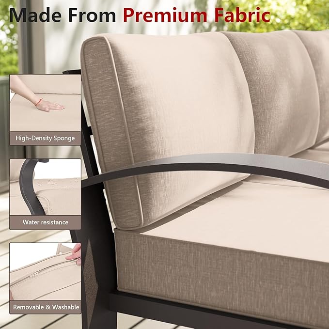 Aluminum Patio Furniture Set with Fire Pit Table, 7 Seats Outdoor Patio Conversation Sets with Swivel Chair Modern Metal Sectional Sofa with Upgrade Cushions for Patio, Backyard - Sand