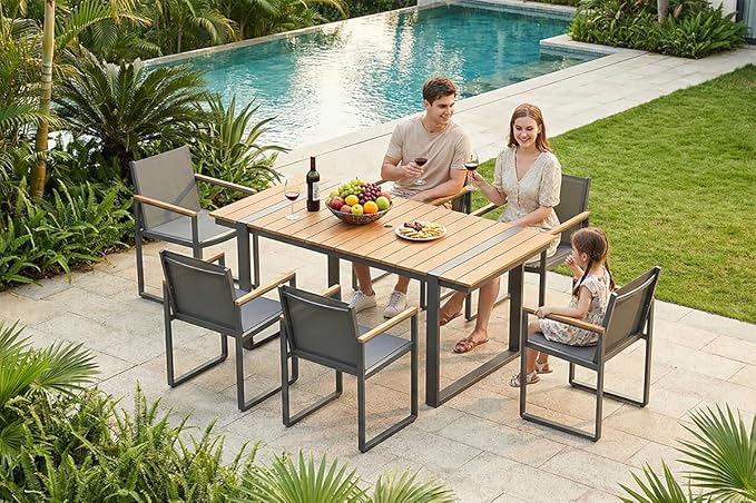 Outdoor Dining Set, HDPS + Aluminum Patio Table and Chairs Set with U-Shaped Base, 7 Piece Outdoor Furniture Set with Umbrella Hole, Patio Dining Table Set for Garden, Backyard (Gray-Teak) - Image 8