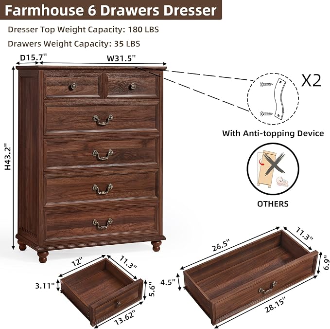 Joaxswe Farmhouse 6 Drawer Dresser for Bedroom, 42" Tall Rustic Chests of Drawers w/ 4 Solid Wood Feet, Mid Century Modern Wooden Closet Storage Dressers Organizer for Living Room, Hallway,Brown - Image 2