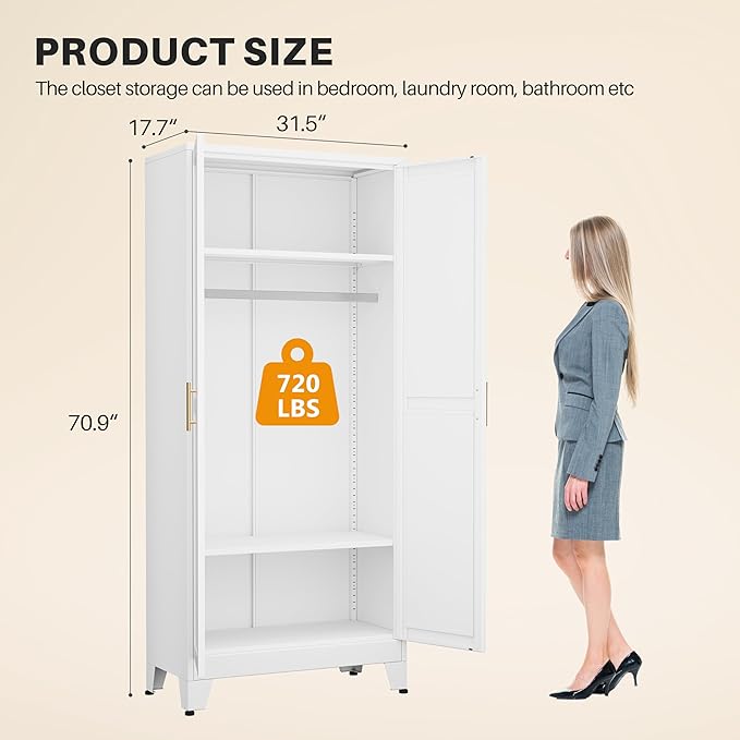 winiowa Metal Armoire Wardrobe Closet with 2 Doors, 71" Wardrobe Cabinet with Adjustable Shelves and Hanging Rod, Clothing Storage Cabinet Closet for Bedroom-White