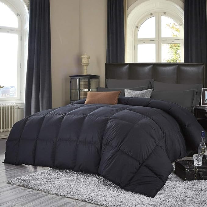 Luxurious Full/Queen Goose Down Comforter, Unique Black Solid, 600 Thread Count, 100% Egyptian Cotton Cover, 70 Oz Fill Weight, 750 Fill Power