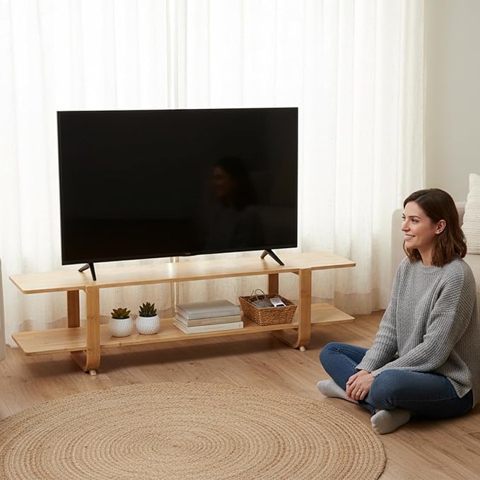 Welnow Low Bamboo TV Stand for Up to 65 Inch, Small Mid Century Modern Entertainment Center with 2-Tier Open Shelves, Natural Media Console Table for Living Room, Bedroom - Image 6