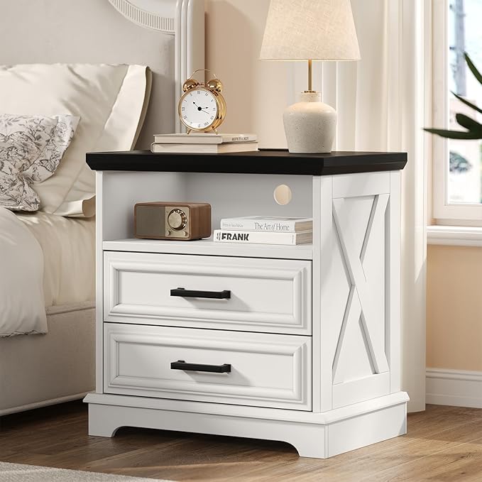 knoworld 24 Inch Wide Farmhouse Nightstands with Charging Station, White Nightstand with 2 Large Drawers, Rustic Wood End Table for Bedroom - Image 7