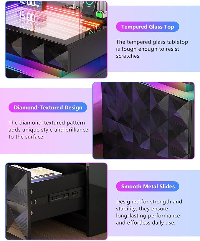 Night Stand Set 2 with Charger Station & RGB Lights, 3 Drawers Bedside Table with Sliding Top, Modern Night Stands with Human Body Sensor for Bedroom, Black - Image 7