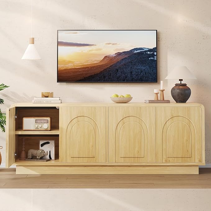 Bestier 63" Mid Century Modern TV Stand for Living Room, Wood Media Console Cabinet for TVs up to 70", Entertainment Center with 4 Arched Doors, Hidden Storage & Adjustable Shelves, Natural Oak - Image 6