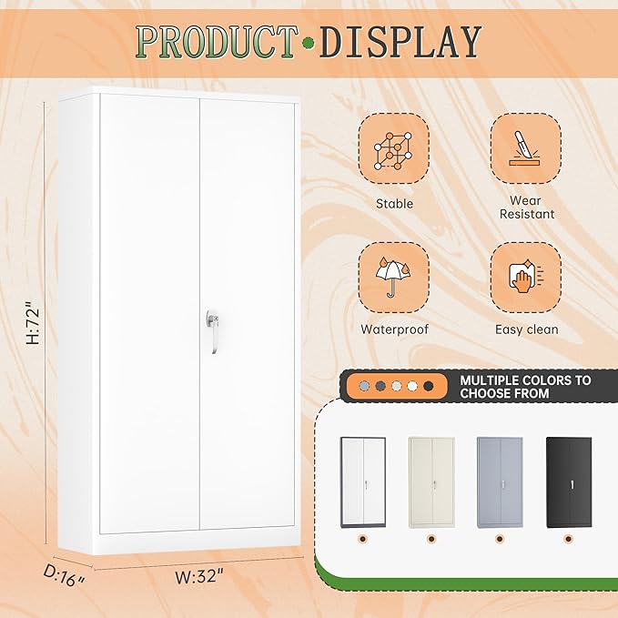 Greenvelly Metal Wardrobe Cabinet with Locking Doors, 72"H White Metal Wardrobe Closet with Hanging Rods and Adjustable Shelves, Clothing Storage Closet for Home, Office, Employee, Gym (16" D x 32" W)