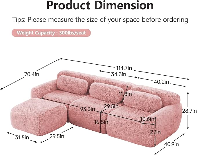 114.7" L-Shaped Boneless Modular Sofa, Plush Foam Lounge Couch, 32D High Density Sponge, Plush Convertible Sofa Set Deep Seat Couches for Living Room, Bedroom and Apartment, Pink