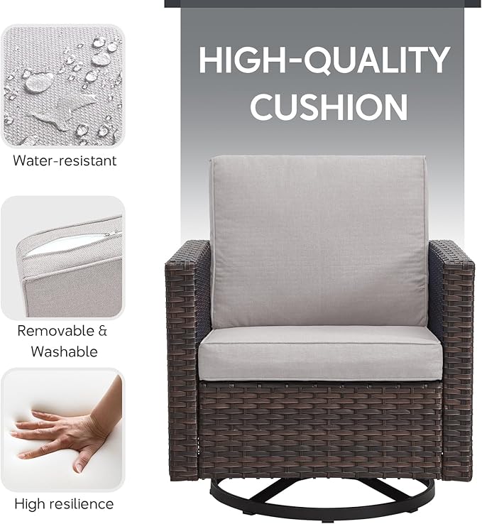 6 Piece Wicker Patio Furniture Set - Outdoor Swivel Rocker Chairs Set with Side Table, 3 Seat Sofa and Ottomans, Small Patio Conversation Sets Proch Furniture for Balcony Deck - Brown/Beige