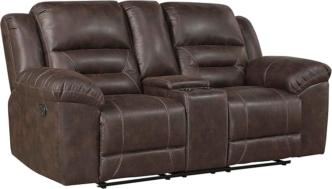 Lexicon Double Recliner Loveseat with Center Console, Wall Hugger Manual Reclining Couch, Textured Microfiber Upholstered Dual Reclining Love Seat, Home Theater Seating, Required Assembly, Dark Brown