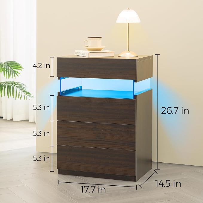 Bingoday Walnut LED Nightstand,Modern Night Stand with 4 Drawers,Tall Nightstand,Large Capacity,Multi-Color LED Lights,End Side Table for Bedroom - Image 2