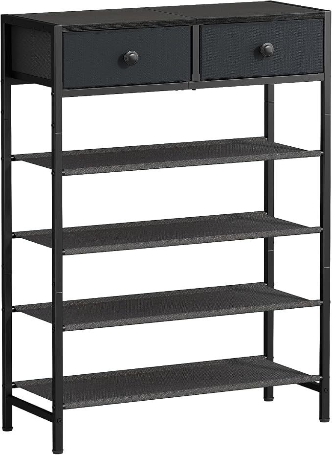 Shoe Rack, 5 Tier Shoe Organizer with 2 Drawers, Metal Shoe Storage for 16-20 Pairs of Shoes with Fabric Shelves and Wooden Top, Narrow Shoe Shelf for Closet Entryway Black Grey by UNITSTAGE