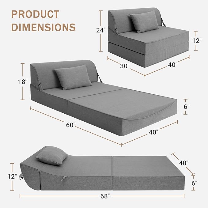 BeBen Folding Sofa Bed Chair, Convertible Sleeper Chair Futon Couch, Foldable Boneless Floor Lounger Sofa, Twin Foam Chair Bed for Small Spaces, Dorm, Guest Room, Living Room, Apartment, Grey