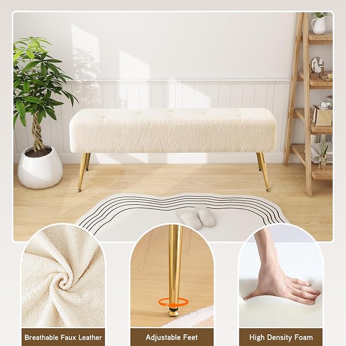 Furnimart Faux Fur Boho Bench Ottoman Upholstered Tufted Bench with Padded Seat, Footrest Foot Stool with Sturdy Metal Leg, for Bedroom Living Room Entryway - Image 5