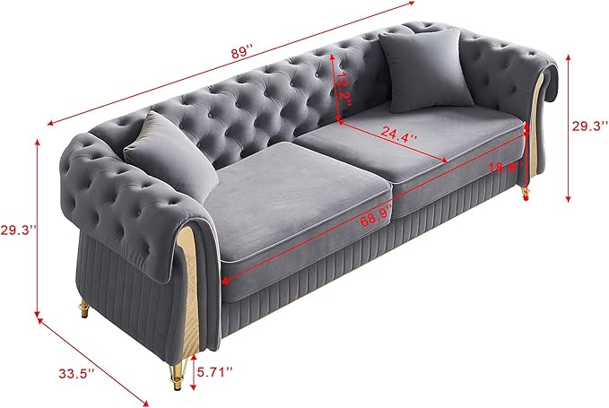 KEIKI 89" Chesterfield Velvet Button Tufted Sofa with High Density Foam Cushions and 2 Toss Pillows, Modern Style 3-Seater Couch with 4 Gold Metal Leg, Easy Assembly, for Living Room, Apartment, Grey