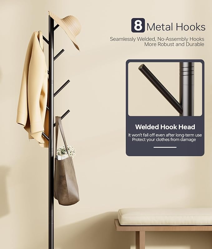 Coat Rack with 8 Hooks, 3 Adjustable Heights, Modern Hall Tree, Sturdy Metal Clothes Stand with Sintered Stone Base for Entryway, Office, Bedroom, for Coats, Hats, Handbags and Scarves, Black - Image 5