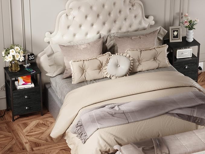 Furologee Nightstands Set of 2, End Tables with Charging Station and LED Lights, Black Night Stands with 2 Fabric Drawers, Bedside Tables Set of 2 for Living Room/Bedroom,Black Oak - Image 8