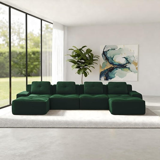 Casaphoria 150'' Green Boneless Sectional Sofa, Corduroy 4-Seater Cloud Couch with 4 Pillows & 2 Ottomans for Living Room, U-Shaped Deep Seat Modular Sofa for Apartment, No Assembly
