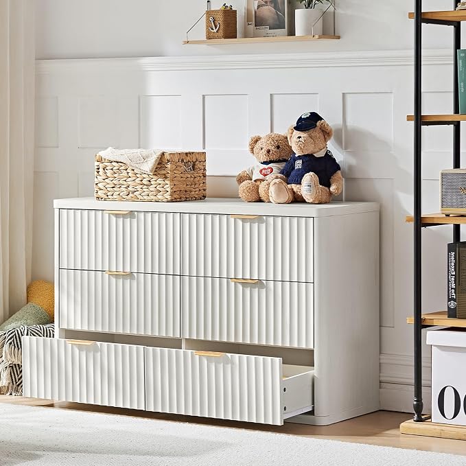 LEYAOYAO Fluted 6 Drawers Dresser Set of 2, 48" Wide Modern Chest of Drawers with Wood Grain Top, Curved Profile Design, Dresser TV Stand, Wooden Drawer Organizer for Bedroom, Living Room, White - Image 5