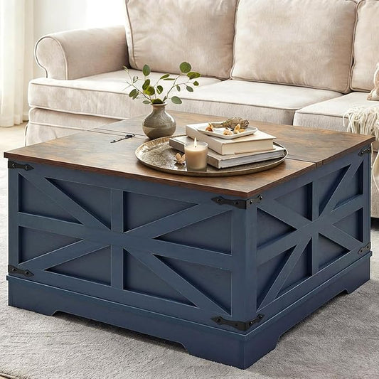 Blue Coffee Table with Storage, Cocktail Table with Hinged Lift Top, Farmhouse Square Wood Center Table with Large Hidden Storage Compartment for Living Room, Square Coffee Table, Metal Edges Decor