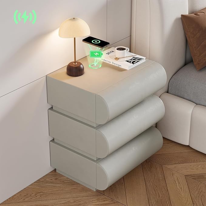 homary Smart Nightstand Modern White Leather Nightstands with Wireless Charger Bedside Table with 3 Drawers for Bedrooms Living Rooms Offices 19.7" W x 16.1" D x 23.6" H by Homary